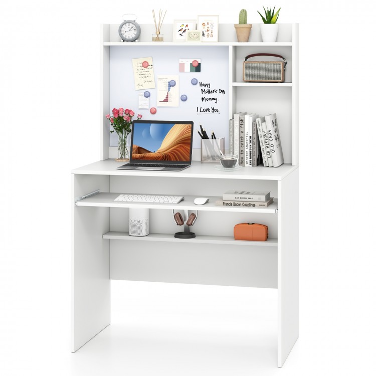 Compact white office computer desk with hutch, featuring a whiteboard, adjustable shelf, and pull-out keyboard tray.