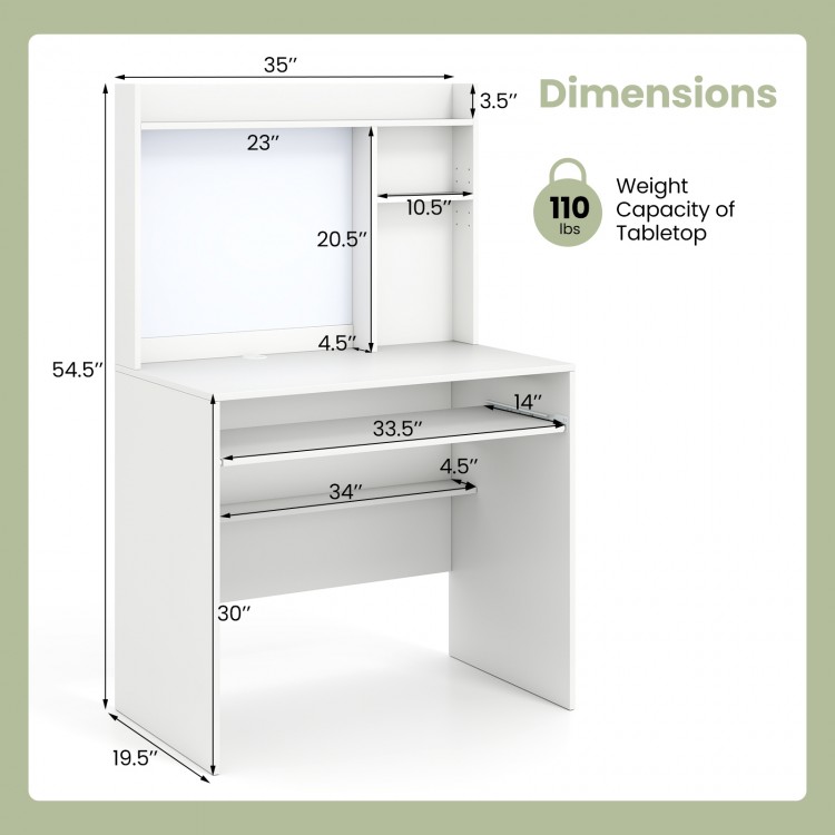 Dimensions of the Compact Office Computer Desk with Hutch, featuring a magnetic whiteboard and adjustable shelf for.