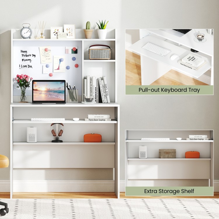 Compact office computer desk with hutch, featuring a pull-out keyboard tray and adjustable storage shelf for organized.