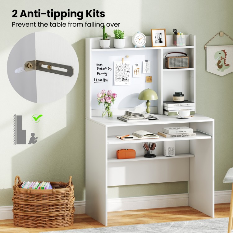 Compact white office computer desk with hutch, featuring a whiteboard, adjustable shelf, and anti-tipping kits for.