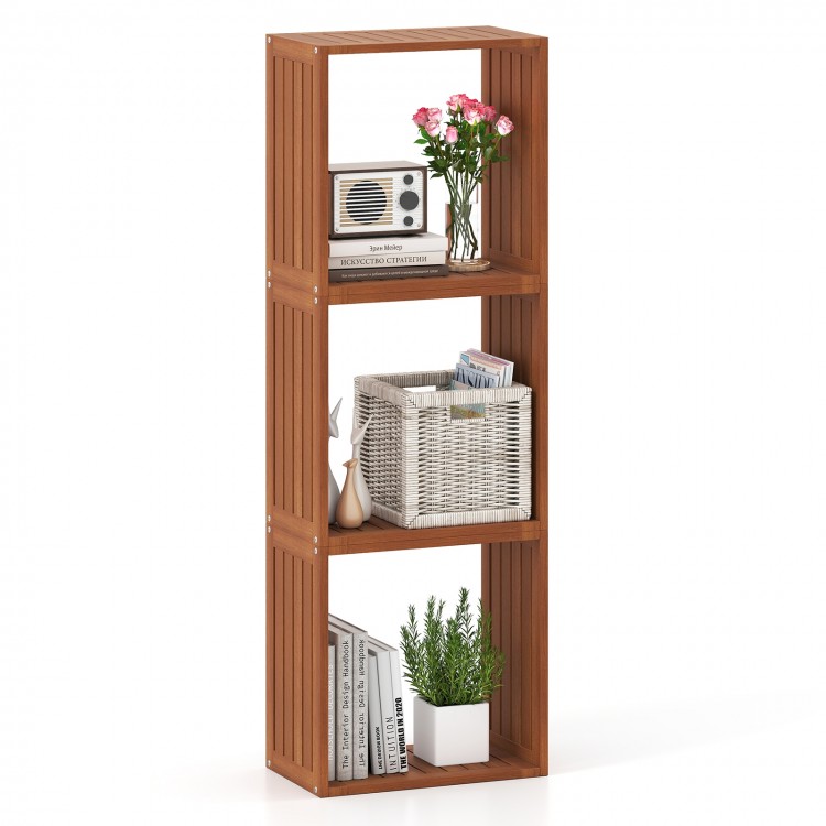 Three-cube bookcase made of solid wood with an open slatted design, ideal for indoor or outdoor storage and display.