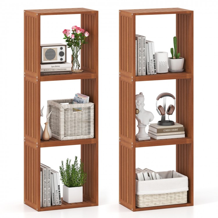 Solid wood 3 cube bookcases with open slatted design, perfect for indoor or outdoor storage and display.