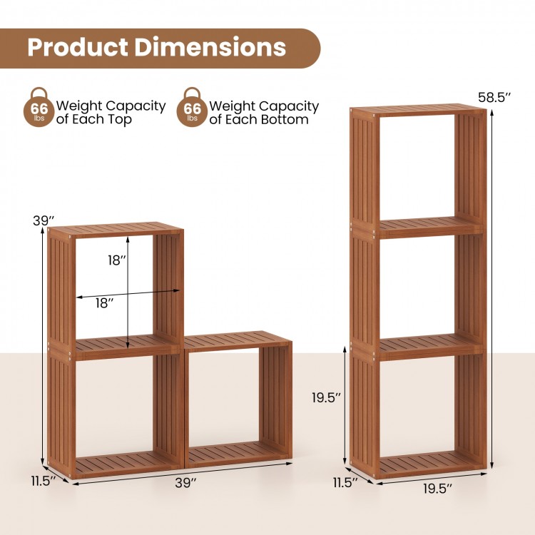 3 Cube bookcases in solid wood with open slatted design, showcasing dimensions for versatile indoor and outdoor storage.