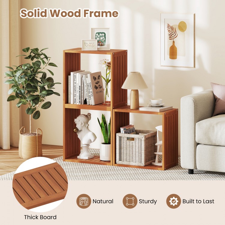 Three cube bookcases made of solid wood with an open slatted design, perfect for indoor or outdoor storage and display.