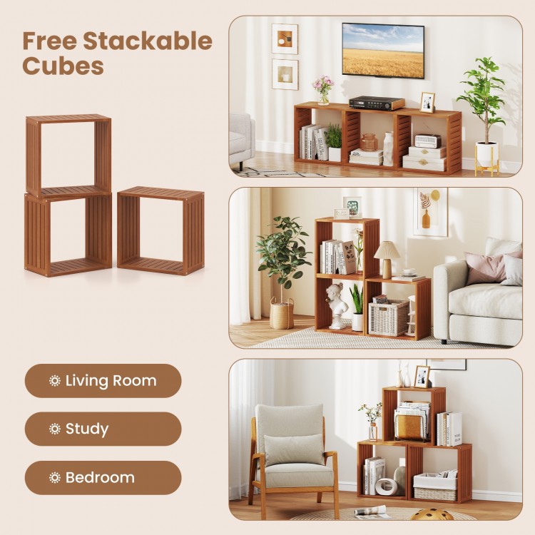 Three solid wood stackable cubes with an open slatted design, ideal for storage or display in living rooms or bedrooms.