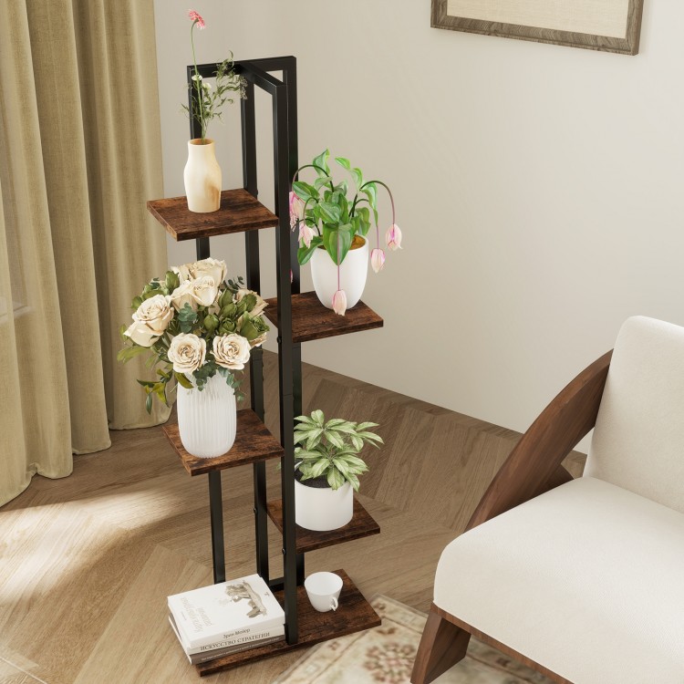 Tall 6-tier rustic brown wood plant stand with black metal frame, perfect for displaying indoor plants elegantly.