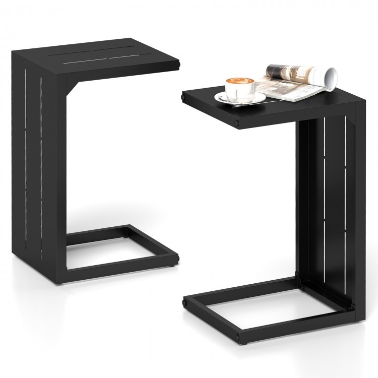 C-shaped black end table set with adjustable foot pads, perfect for indoor and outdoor use as a coffee or side table.