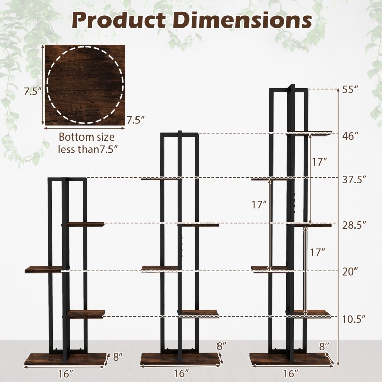 Dimensions of the 3 Pieces Tall Wood Plant Stand Set in rustic brown, showcasing 4, 5, and 6-tier designs for indoor.