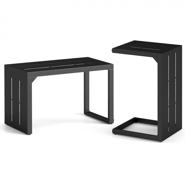 Set of 2 black C-shaped end tables with adjustable foot pads, ideal for indoor and outdoor use, space-saving design.