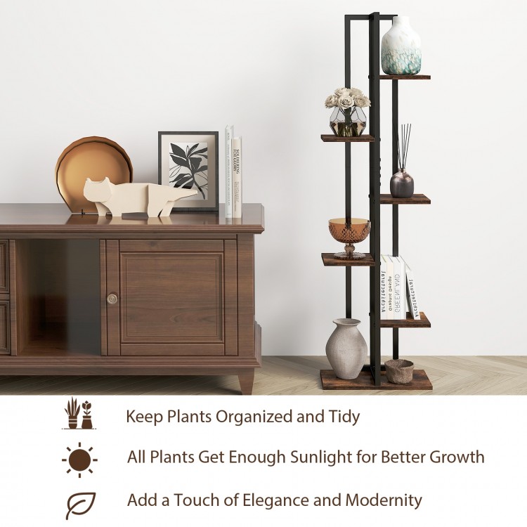 Tall 6-tier rustic brown plant stand with black metal frame, perfect for displaying plants and enhancing indoor decor.