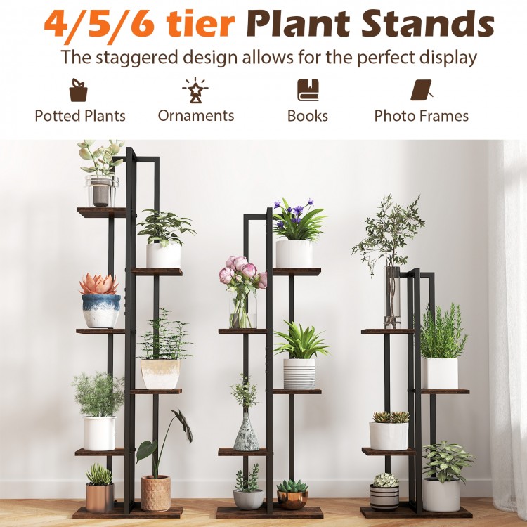 6-tier rustic brown plant stand with staggered design for displaying potted plants and ornaments indoors.