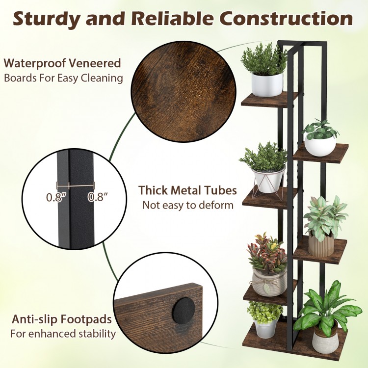 6-tier rustic brown plant stand with waterproof veneered boards and thick metal tubes for stable indoor plant display.