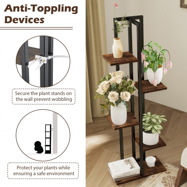 Tall 6-tier rustic brown plant stand with black metal frame, designed for stability and elegant plant display indoors.