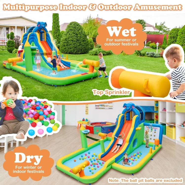 Giant inflatable water slide with climbing wall and dual water cannons for kids' backyard fun, ideal for summer play.