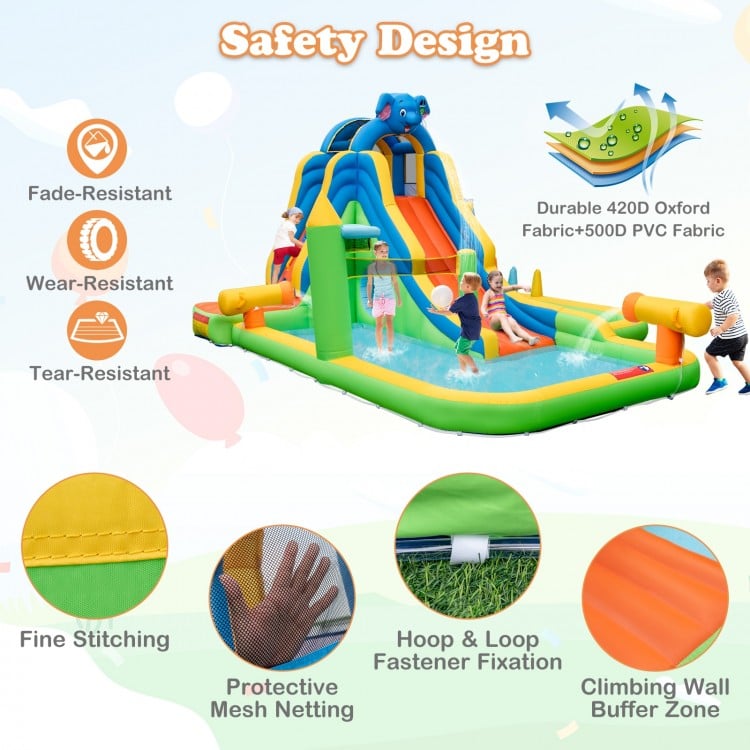Giant inflatable water slide with climbing wall, dual water cannons, and volleyball area for kids' backyard fun.