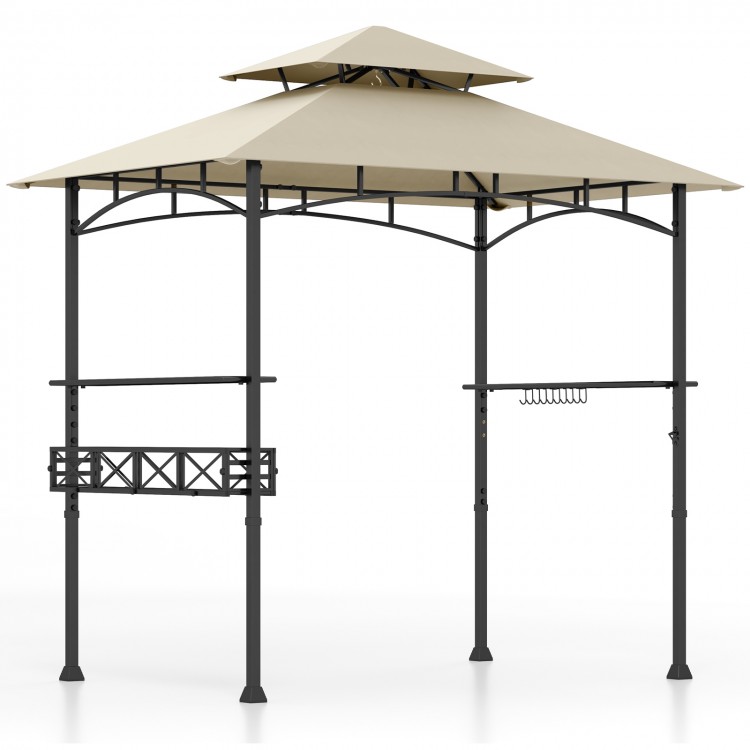 Outdoor grill gazebo with beige vented canopy, two side shelves, and ten hooks for tool organization.