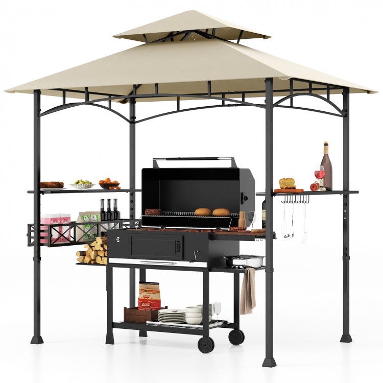 Outdoor grill gazebo with beige canopy, two side shelves, and ten hooks for organized grilling tools and storage.