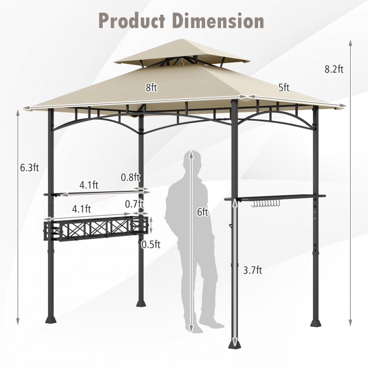 Dimensions of the 8 x 5 feet outdoor grill gazebo with beige canopy, featuring side shelves and hooks for organization.