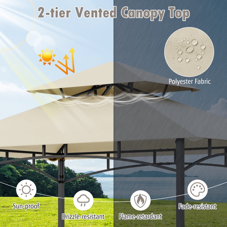 2-tier vented canopy top of the 8 x 5 feet outdoor grill gazebo, made of drizzle-resistant polyester fabric.
