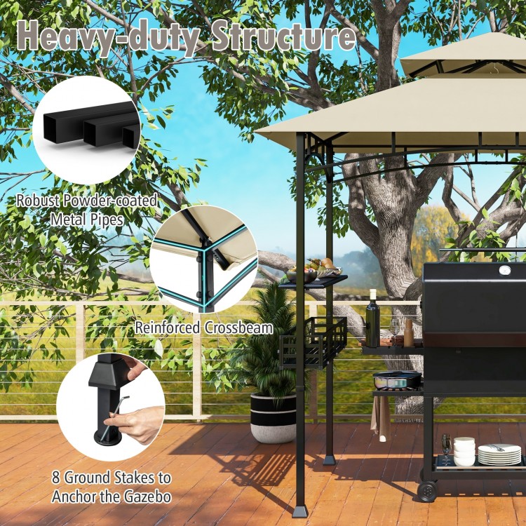 Outdoor grill gazebo with beige canopy, featuring robust metal pipes, side shelves, and 10 hooks for tool organization.