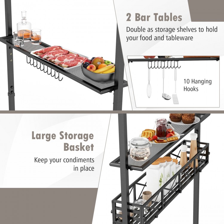 Outdoor grill gazebo featuring 2 bar tables, 10 hooks, and a large storage basket for organizing food and condiments.