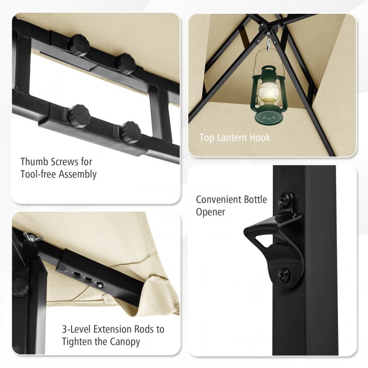 Convenient bottle opener and thumb screws for tool-free assembly on the 8 x 5 feet outdoor grill gazebo.