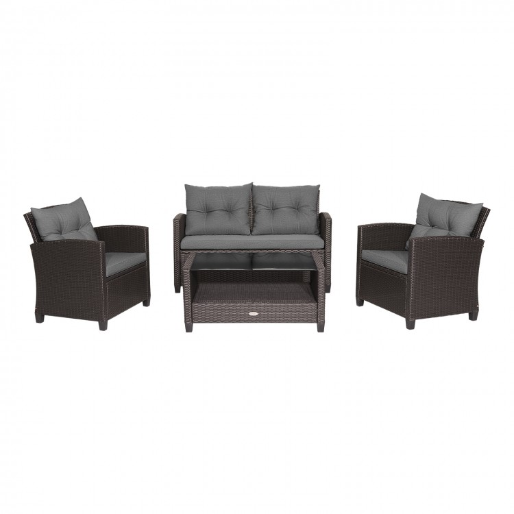 4-piece patio rattan conversation set with gray cushions, including loveseat and coffee table, perfect for outdoor.