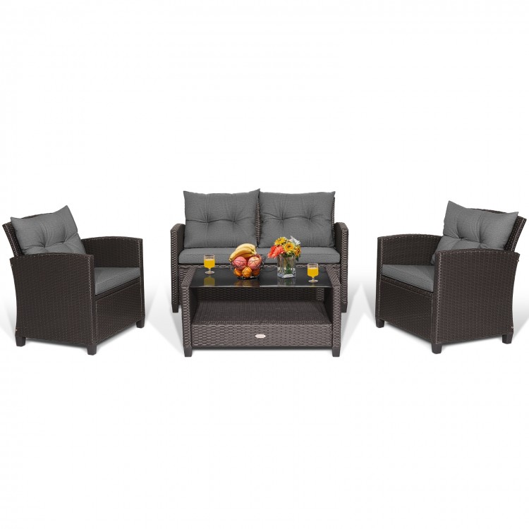 4-piece patio rattan furniture set with gray cushions, including a coffee table, loveseat, and two single sofas for.