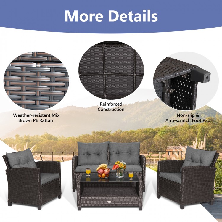4-piece patio rattan conversation set with gray cushions, featuring a glass top coffee table and ergonomic design for.