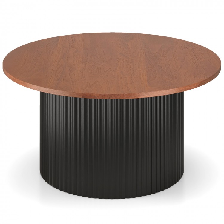 Round coffee table with walnut wooden top and black wave-shaped base, offering ample storage and elegant design.