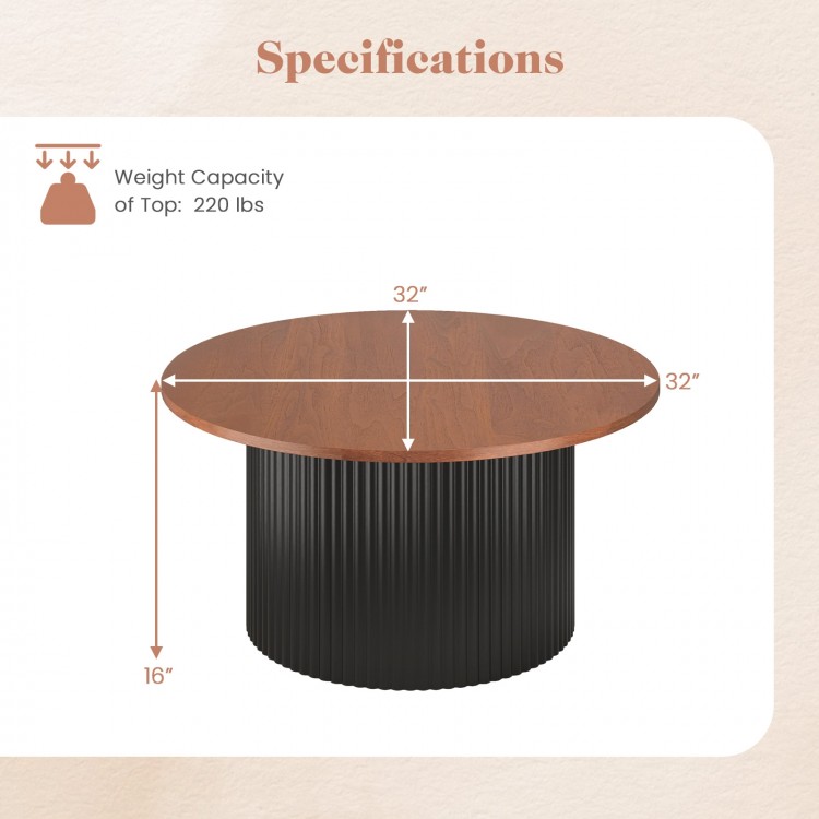 Round coffee table with walnut wooden top, solid wood frame, and wave-shaped support, measuring 32" for versatile use.