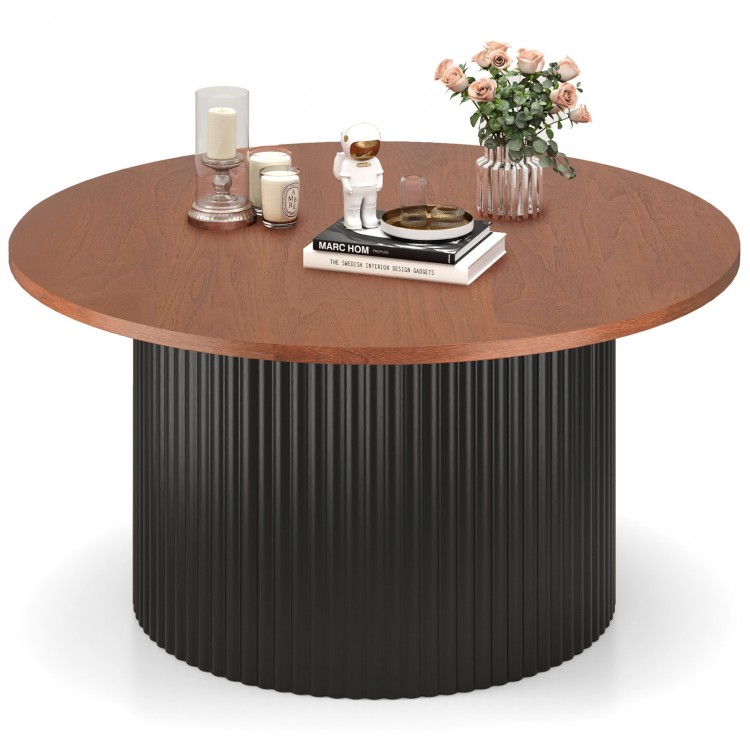 Round coffee table featuring a walnut wooden top, wave-shaped base, and elegant wood grain finish for stylish decor.