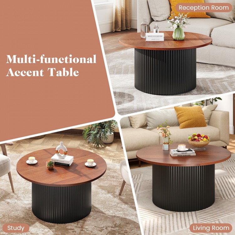 Round coffee table with walnut wooden top and solid wood frame, ideal for living room, study, or reception use.