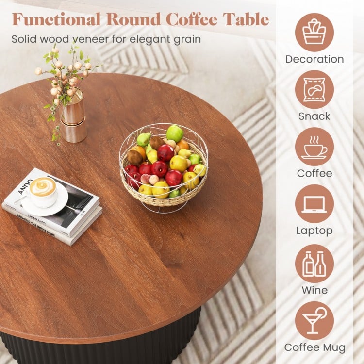 Round coffee table with solid wood frame and walnut finish, featuring a 32" tabletop for versatile use and elegant.