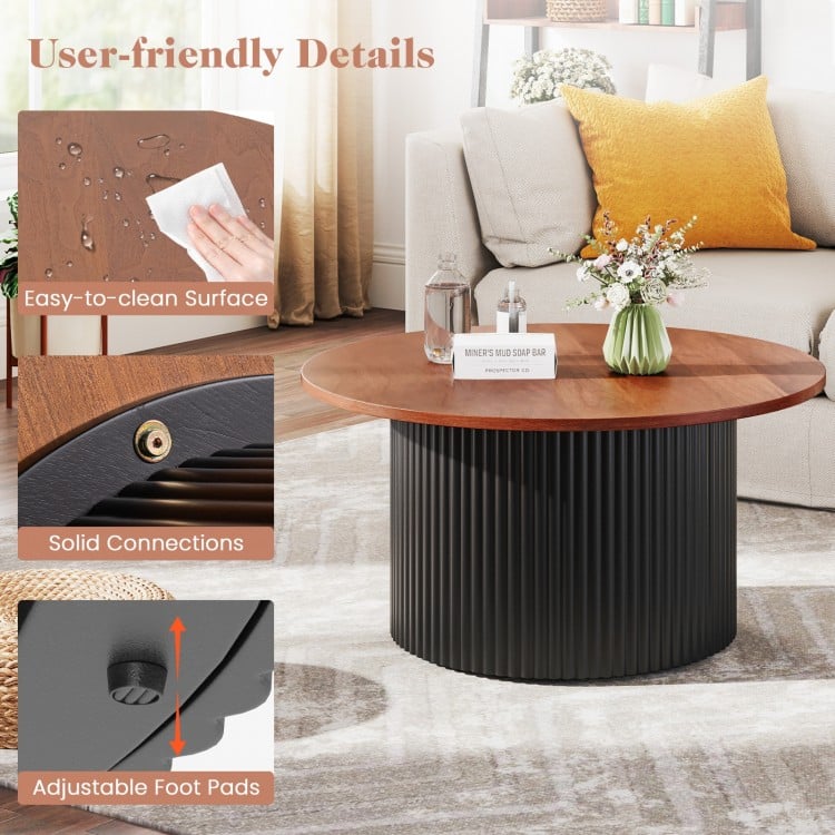 Round coffee table with walnut wooden top, solid wood frame, and adjustable foot pads for stability and easy cleaning.