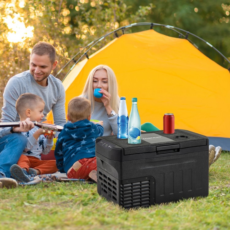 12 Volt car refrigerator with drinks, adjustable temperature, and removable divider, perfect for camping and outdoor.
