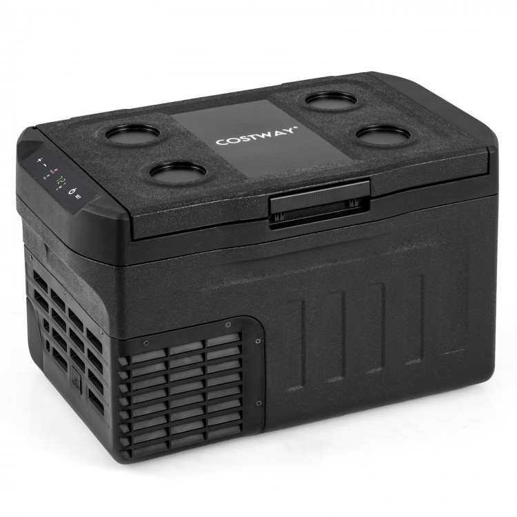 12 Volt car refrigerator with adjustable temperature, large capacity for 24 cans, ideal for camping and travel.