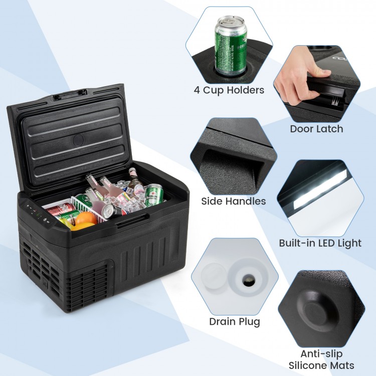 12 Volt car refrigerator with adjustable temperature, built-in LED light, and removable divider for camping and travel.
