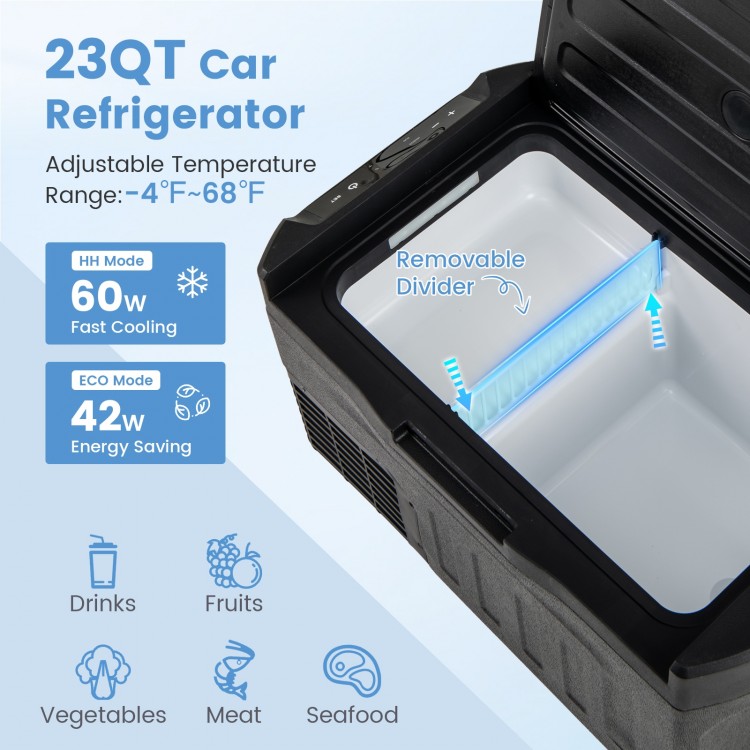 23QT car refrigerator with adjustable temperature, removable divider, and LED lights for camping and travel convenience.