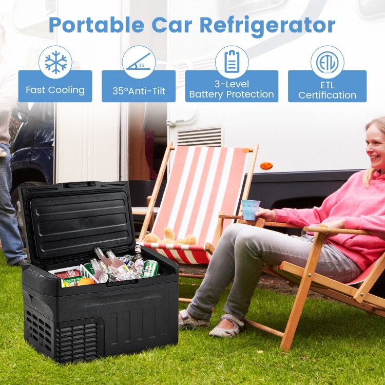 Portable 12 Volt car refrigerator with adjustable temperature, large capacity, and side handles for camping and travel.