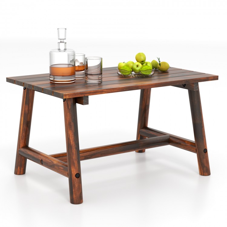 Solid wood patio table showcasing rich brown tones and a slatted tabletop, perfect for drinks and snacks on the porch.