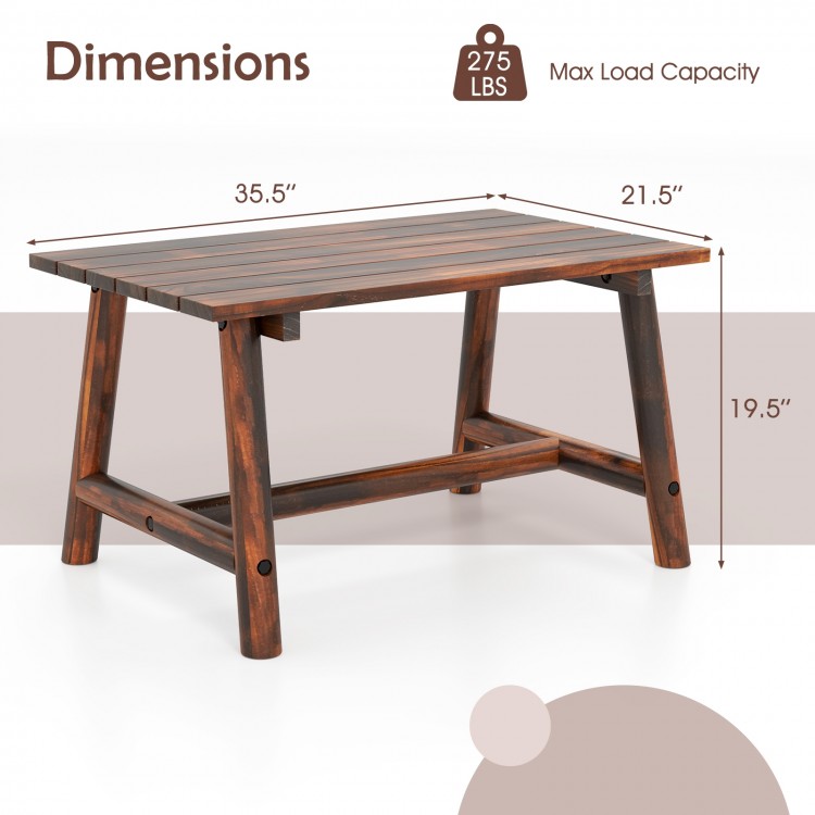 Solid wood patio table with slatted tabletop, featuring a brown finish and dimensions of 35.5" x 21.5" x 19.5". Ideal.
