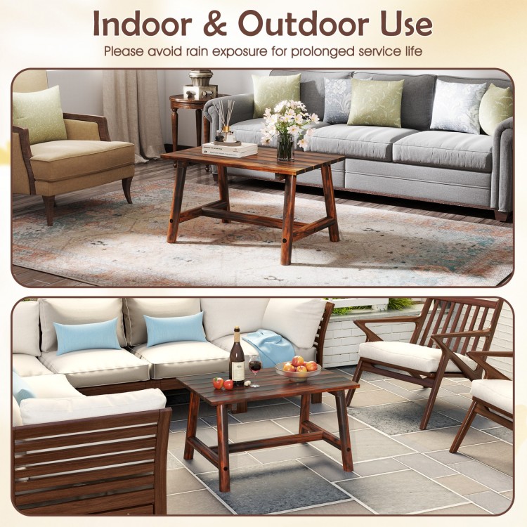 Solid wood patio table with slatted tabletop, featuring a brown finish, ideal for garden or living room use.
