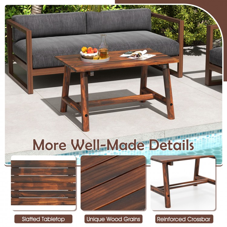Solid wood patio table with slatted tabletop, unique wood grains, and reinforced crossbar for indoor and outdoor use.