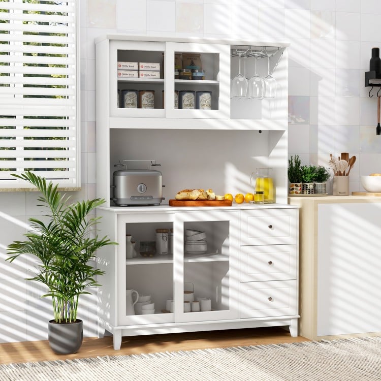 White kitchen pantry storage cabinet with LED lights, power outlets, and shatterproof glass doors for stylish.