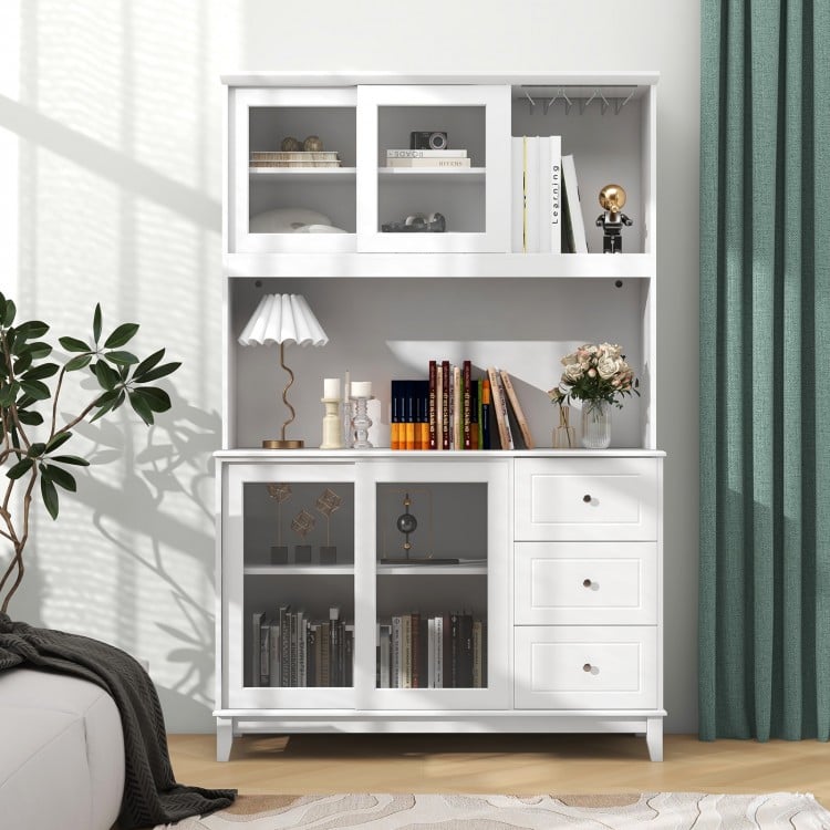 White kitchen pantry storage cabinet with LED lights, power outlets, and adjustable shelves for versatile organization.