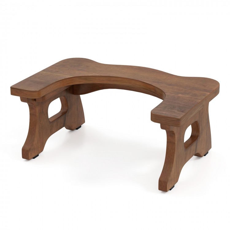 Teak wood toilet stool with arch-shaped design, non-slip foot pads, and smooth edges for safety and stability.