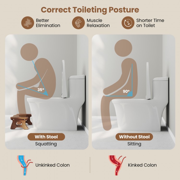 Teak wood toilet stool with non-slip foot pads, arch-shaped design for better posture and comfort in the bathroom.