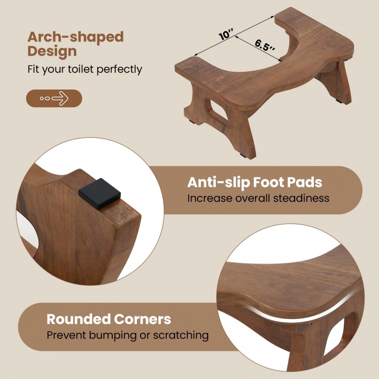 Teak wood toilet stool with arch-shaped design, anti-slip foot pads, and rounded corners for safety and stability.