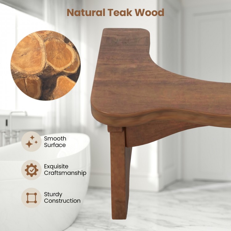 Arch-shaped 7-inch teak wood toilet stool with smooth surface and non-slip foot pads, ideal for bathroom use.